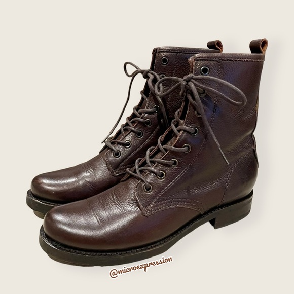 $385 Frye Veronica Combat Brown Leather Lace Up Moto Combat Military Ankle Boot - Picture 9 of 12